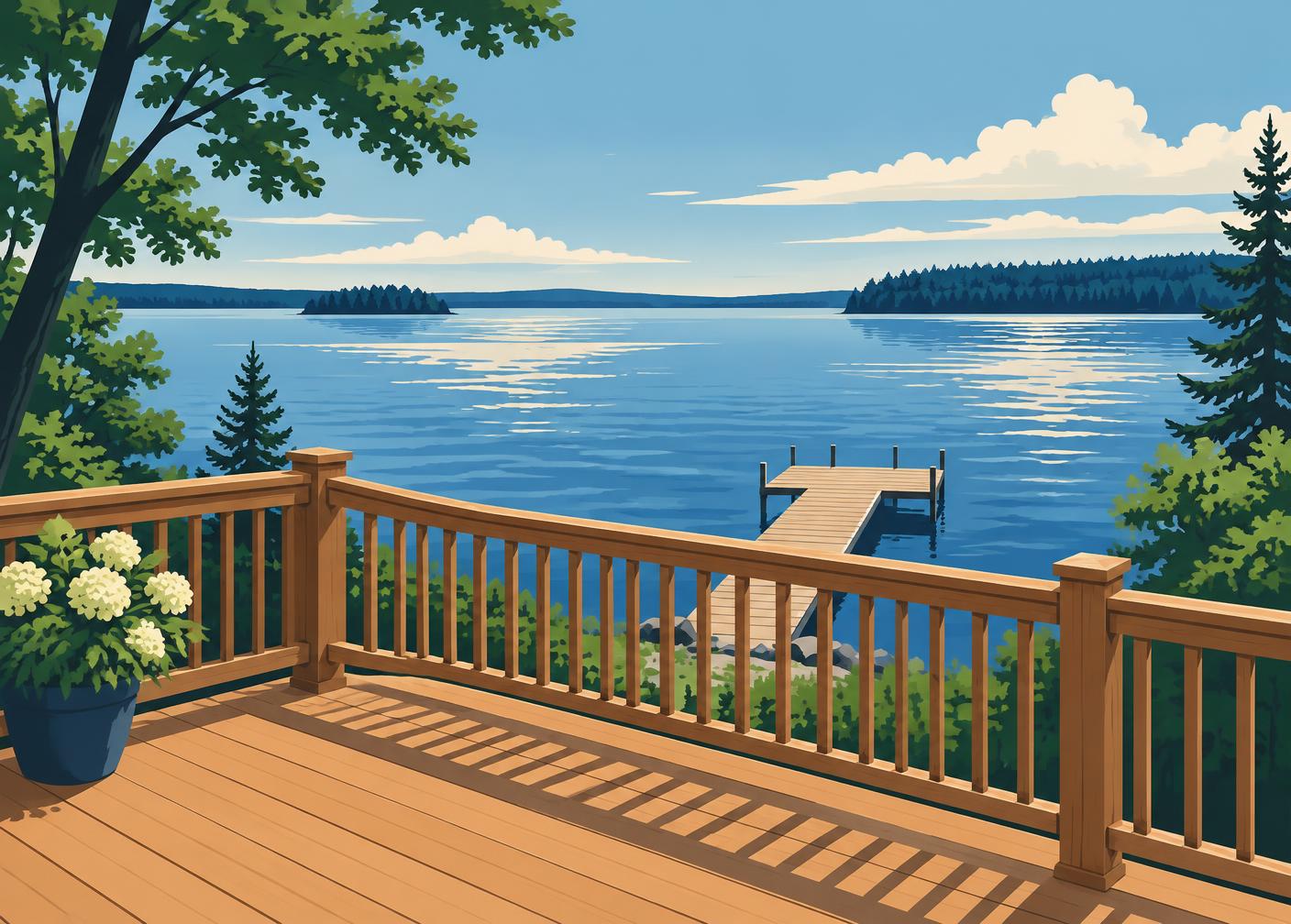 Illustration of a lakeside deck